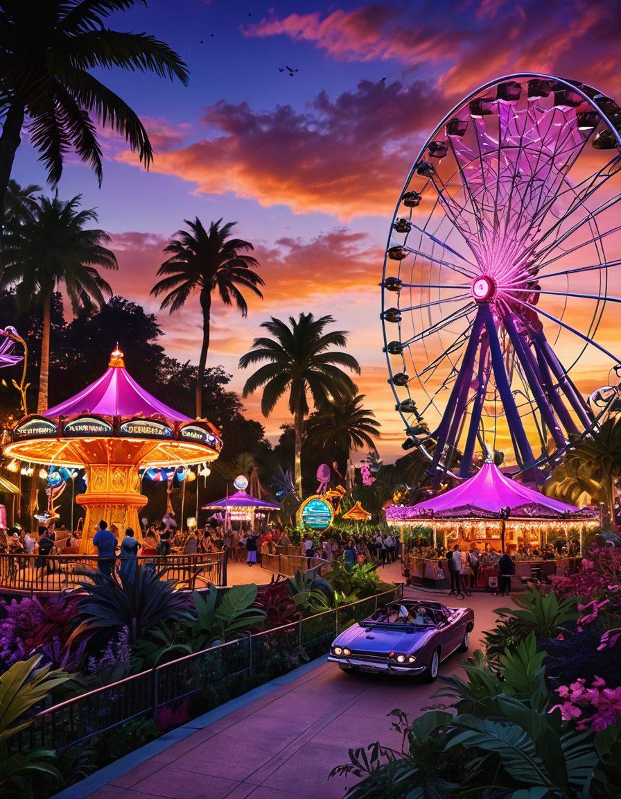 A whimsical landscape filled with vibrant, oversized virtual amusement rides, including roller coasters and Ferris wheels, seamlessly blending into a lush, wild jungle filled with exotic creatures and colorful flora. A group of diverse individuals, laughing and enjoying themselves, interacts with fantastical, interactive digital elements that glow and spark with energy. The sky is a stunning sunset with hues of pink, orange, and purple, creating a magical atmosphere. super-realistic. vibrant colors. magical realism.