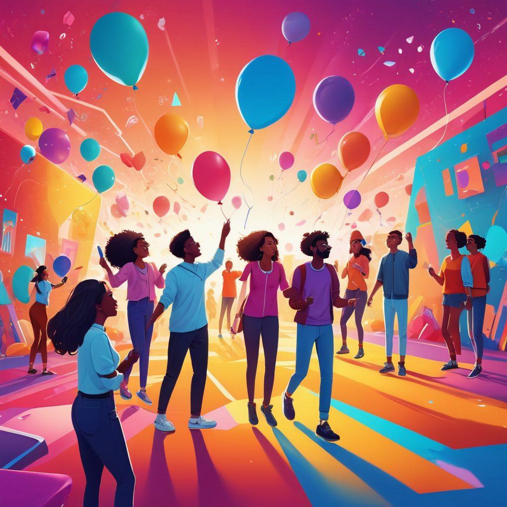 A vibrant, whimsical illustration depicting a group of diverse people joyfully exploring a colorful digital playground filled with playful geometric shapes, floating balloons, and cheerful icons of technology. They are engaging with immersive experiences like VR headsets and smartphones while radiant colors burst around them, symbolizing exuberant joy. The scene is lively, welcoming, and dynamic, inviting readers to connect with their adventurous spirit. cartoonish style. bright colors. playful atmosphere.