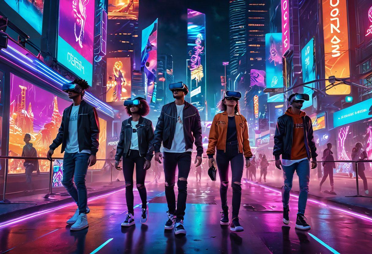 A vivid and energetic scene depicting a diverse group of people joyfully engaging in various adventurous digital activities, such as virtual reality gaming, skateboarding through a neon-lit city, and exploring a fantastical digital landscape filled with vibrant colors and whimsical elements. Include playful holographic effects and dynamic expressions of exhilaration. super-realistic. vibrant colors. cyberpunk.